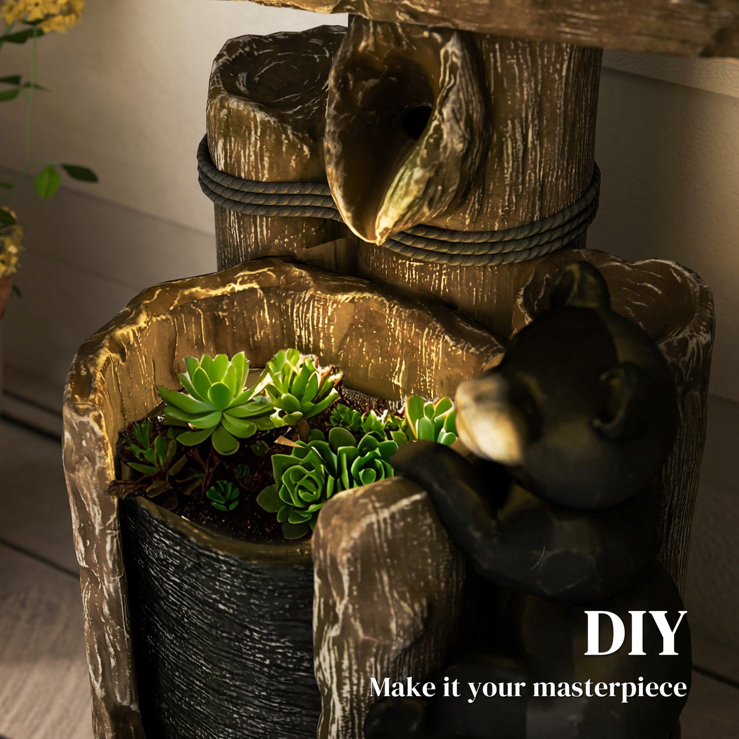 Outdoor Water Fountain with LED Lights and 3 Tiers - Rustic Resin Bears, 22.8 Inches