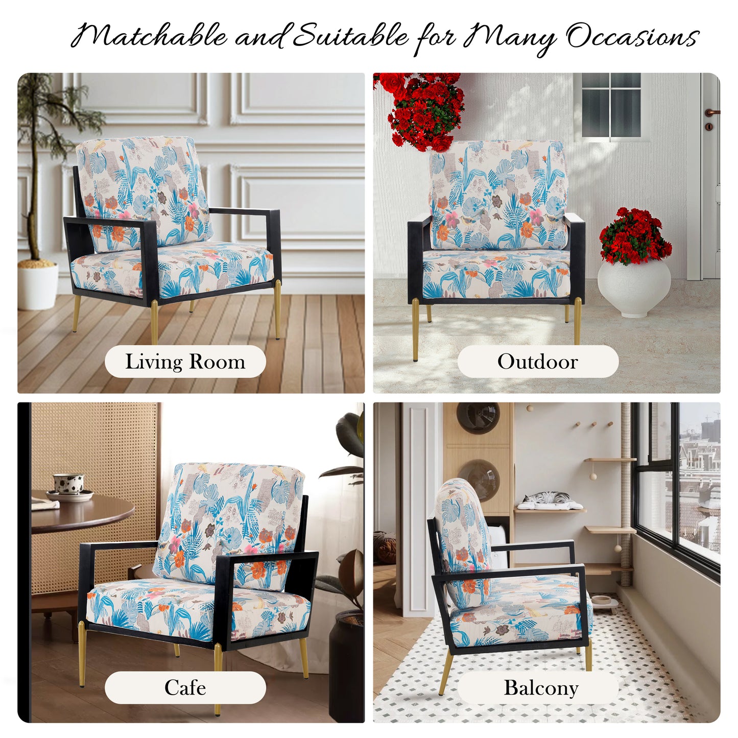 Floral Velvet Accent Chair with Solid Wood Frame - Blue