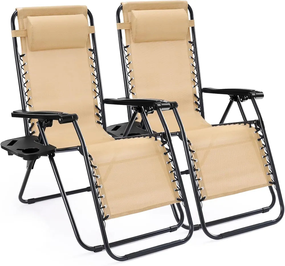 Set of 2 Folding Reclining Lounge Chairs with Cup Holder & Pillow