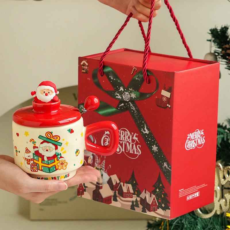 Christmas Ceramic Mug with Lid - Cartoon Holiday Drinkware, 301-400ml