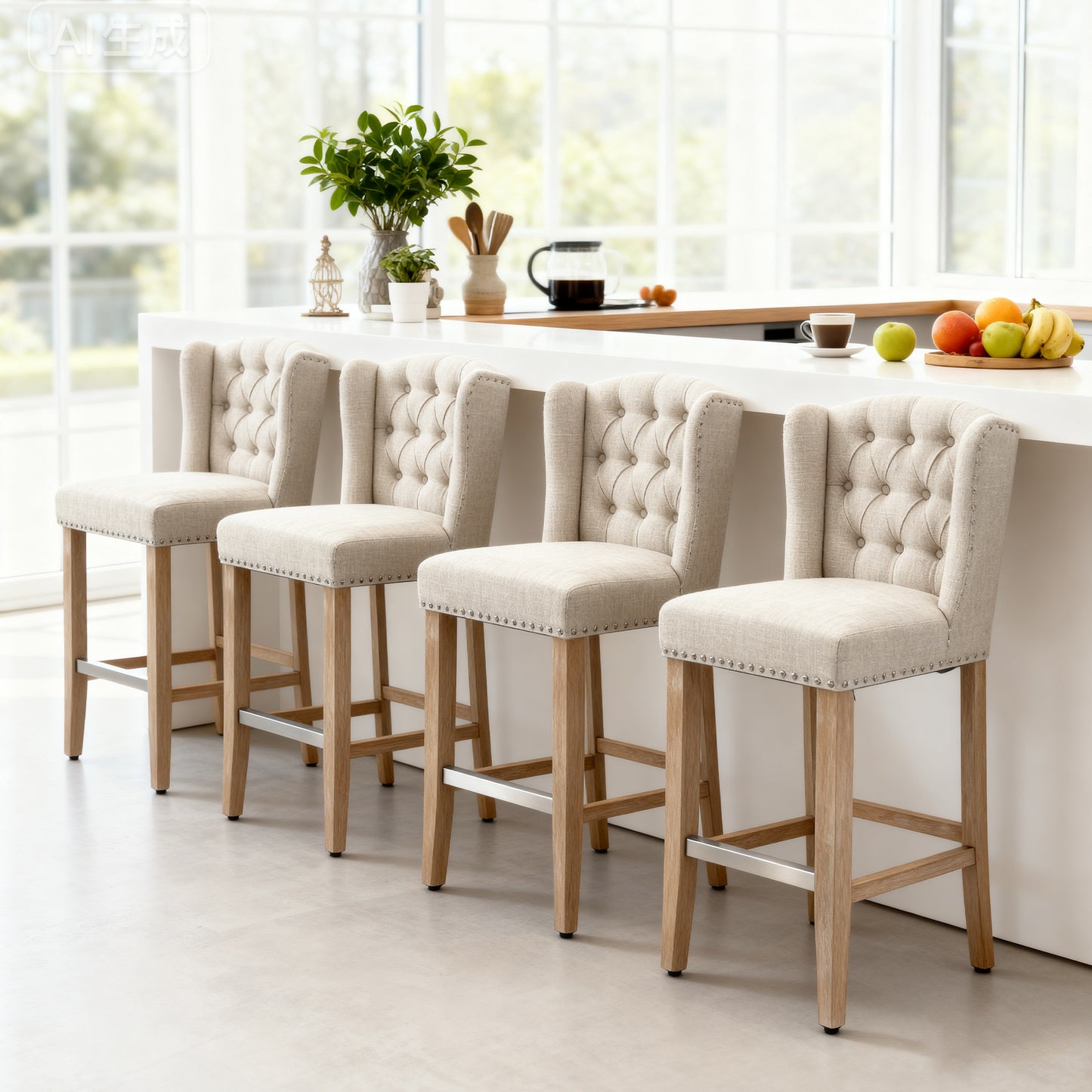 Counter Height Bar Stools Set of 2 - Beige Linen Fabric