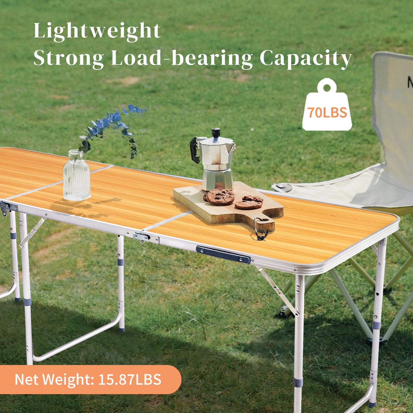 6ft Wood Grain Folding Table - Aluminum Alloy Tri-Fold Design