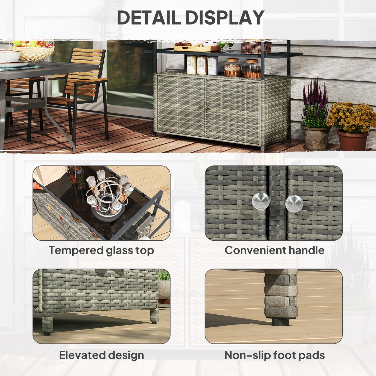 Outdoor Bar Cart with Glass Top & Cabinet - Mixed Gray