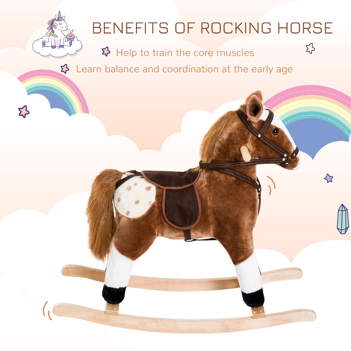 Plush Rocking Horse for Kids with Realistic Sounds - Brown