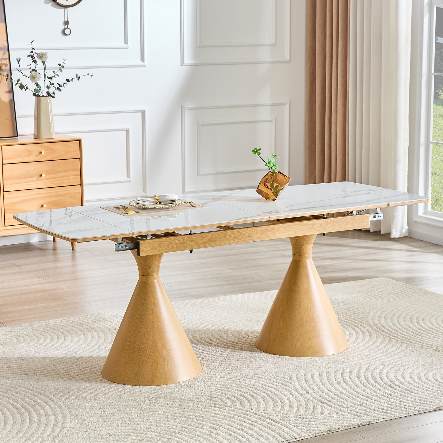 Extendable White Marble-Top Dining Table with Metal Legs