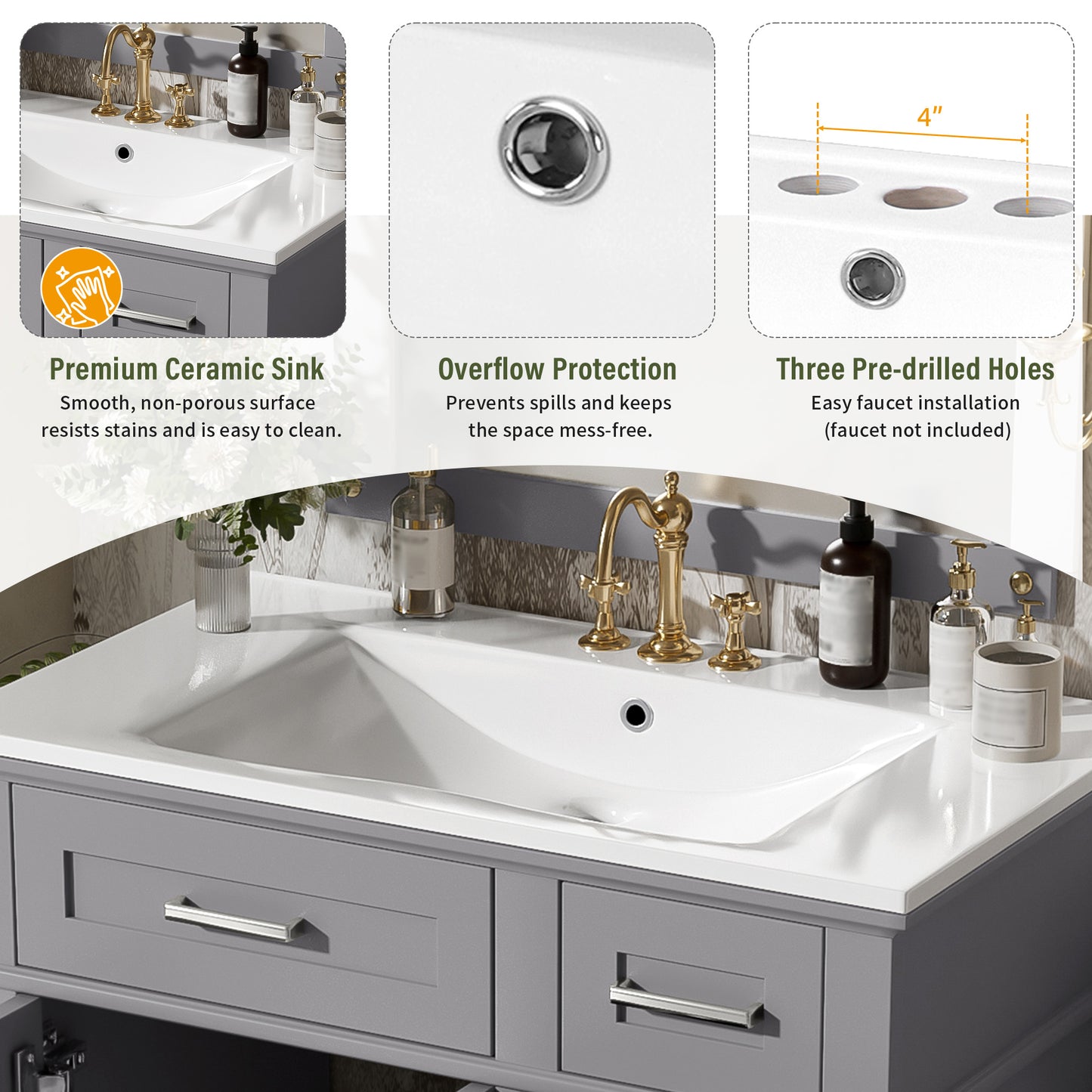 30" Bathroom Vanity with Ceramic Sink & Soft-Close Doors - Grey