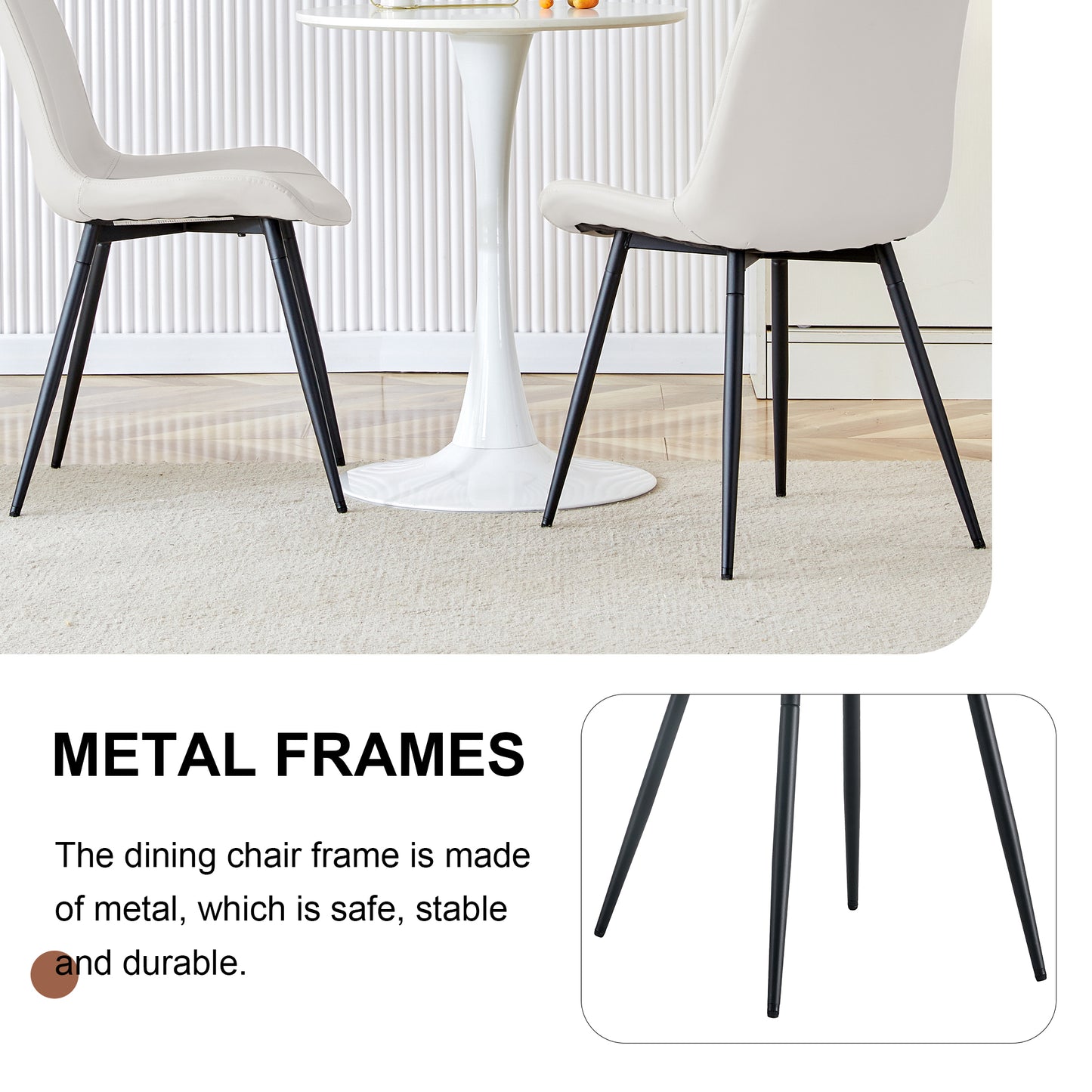 White Artificial Leather Backrest Cushion Dining Chair, Black Metal