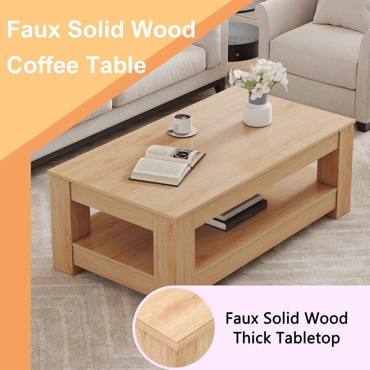 A Modern And Practical Natural Wood Coffee Table. The Double Layered