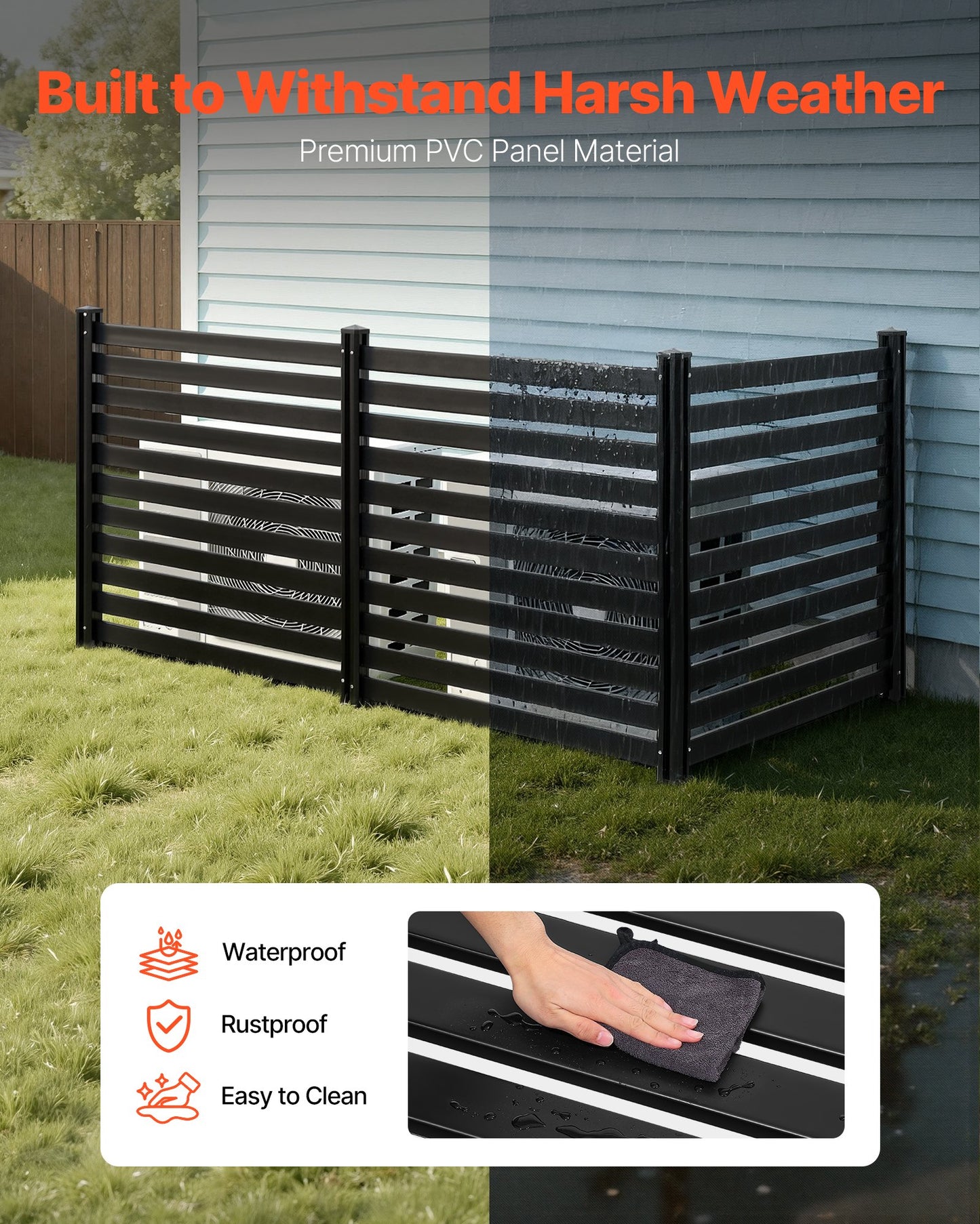 Outdoor Privacy Fence Panels - Vinyl Enclosure for A/C & Trash Cans, Black, 50 x 48 in, Set of 3