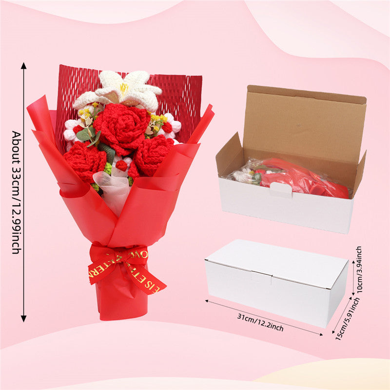 Crochet Flower Bouquet Red Roses & White Lilies Handmade Home Decor Gift
