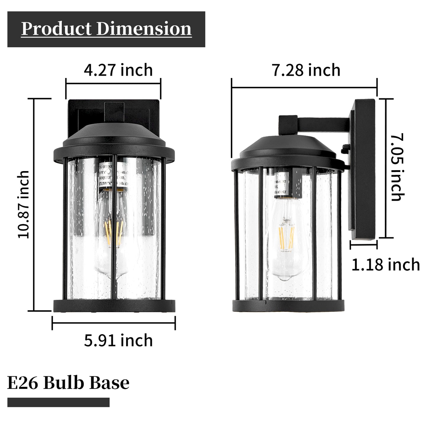 Outdoor Wall Sconce 2 Pack - Black LED Lantern Fixtures for Porch Garden