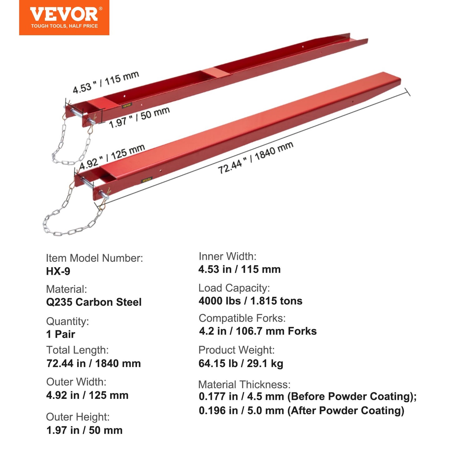 Heavy Duty Forklift Pallet Fork Extensions 72 Inch Carbon Steel Set - Red
