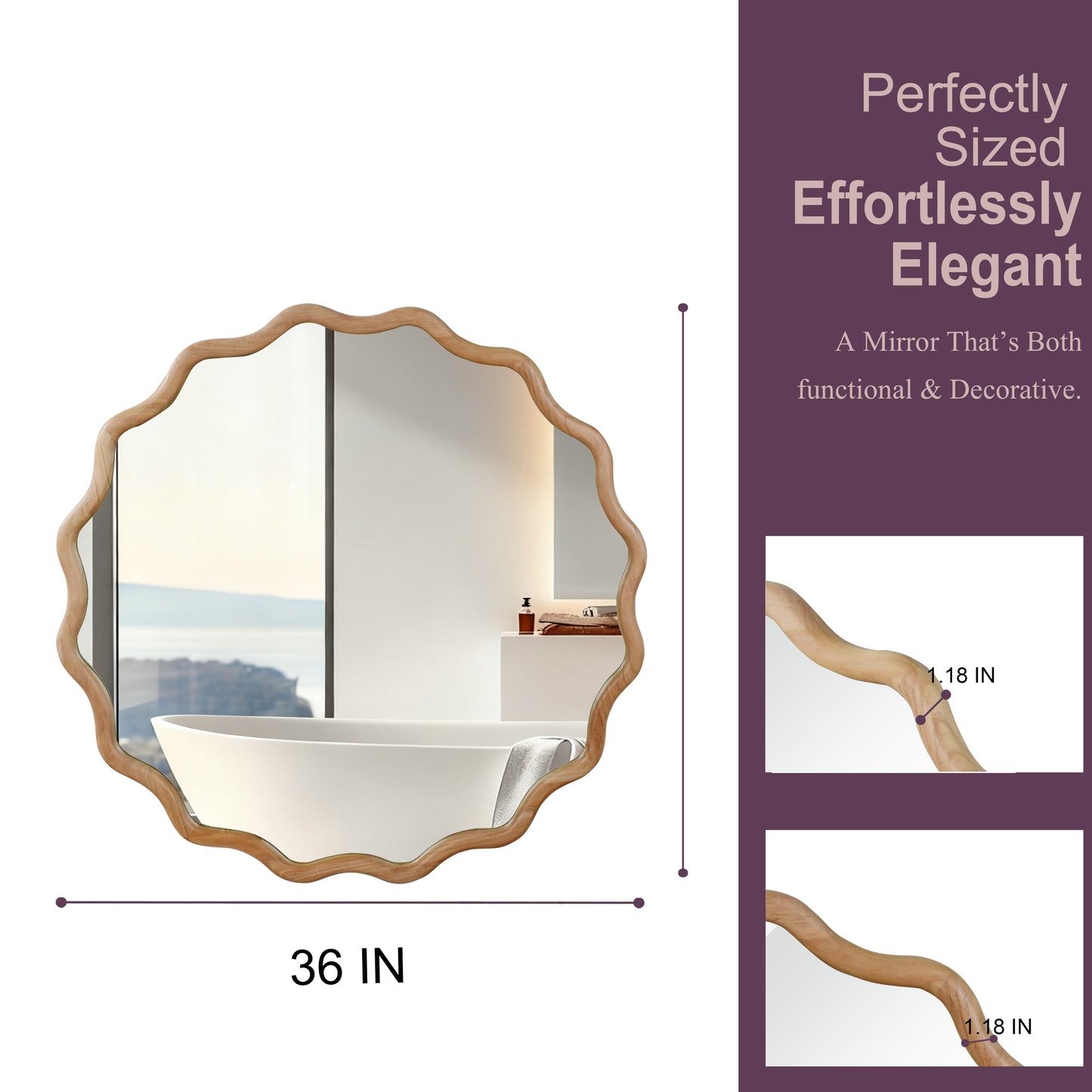36 Inch Wavy Round Solid Wood Frame Decorative Mirror - Natural Wood