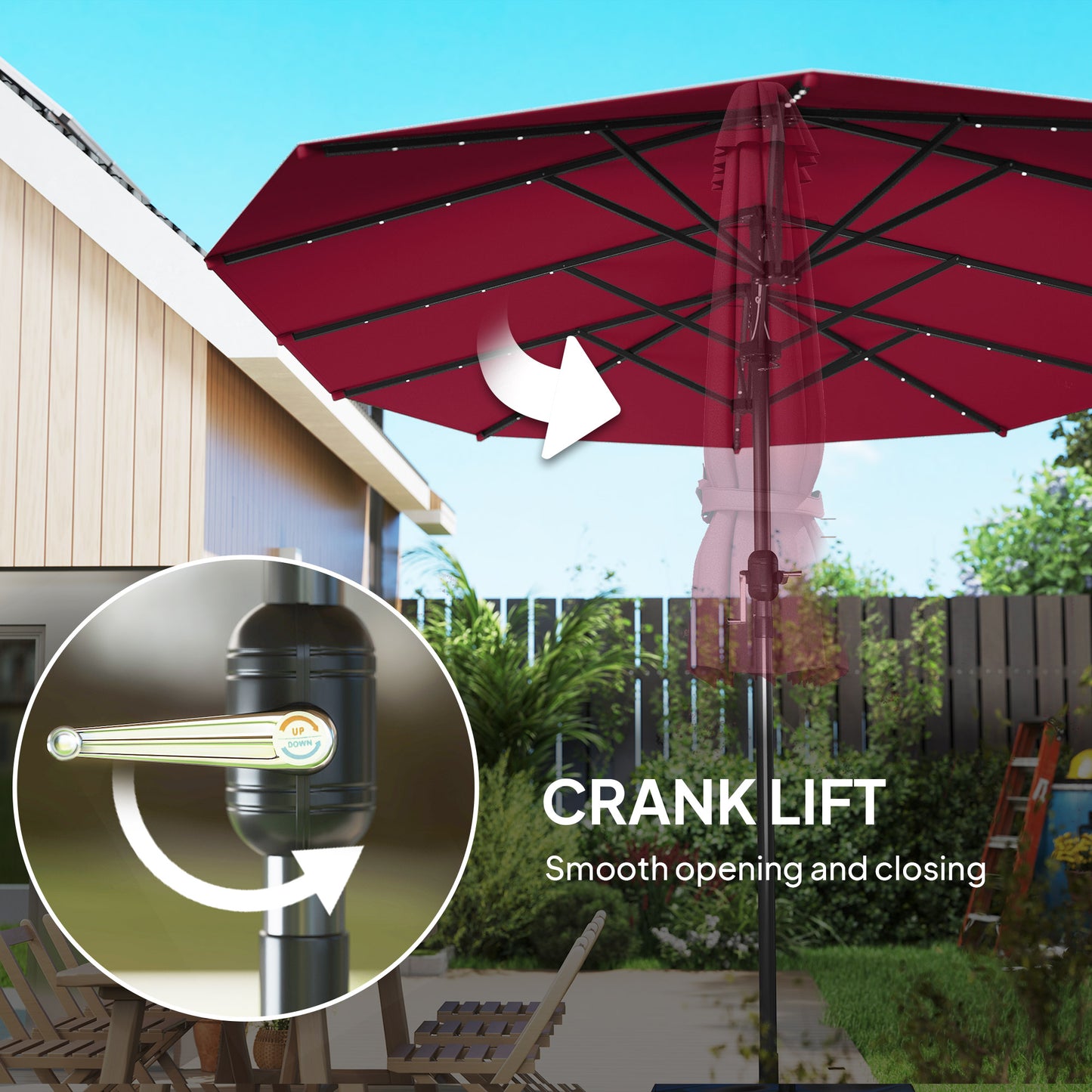 Double-Sided Garden Parasol with LED Solar Lights - Wine Red