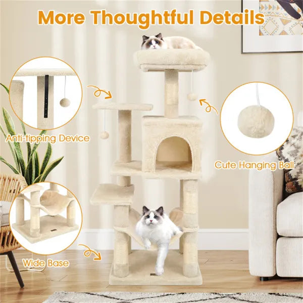 44-Inch Multi-Level Cat Tree with Top Perch, Condo & Hammock - Beige