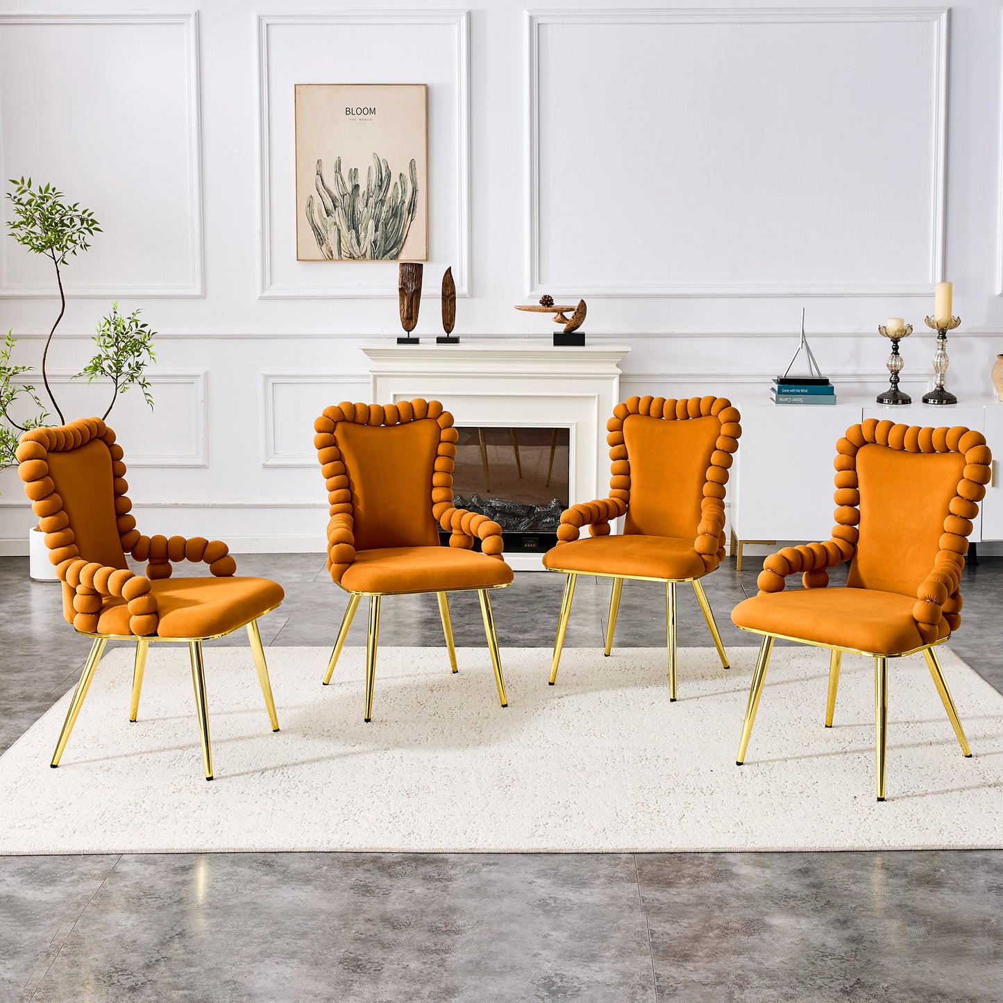 Set of 2 Orange Velvet Bubble Dining Chairs with Gold Legs