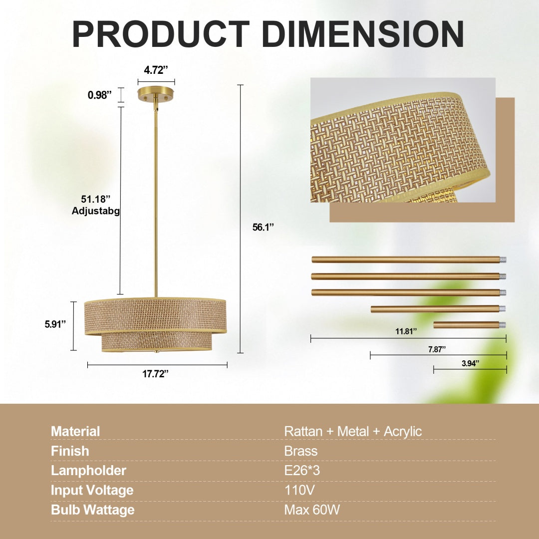 Woven Rattan & Linen Ceiling Light Fixture - Semi Flush Mount for Bedrooms & Kitchen