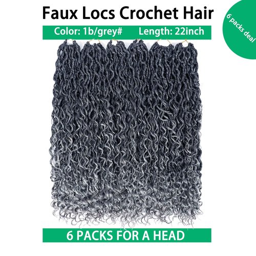Faux Locs 22 Inch Goddess Locs Ombre Grey Gray Crochet Hair for Women, 6 Packs Pre Looped Crochet Braids with Curly Ends, Boho Hippie Synthetic Hair Extensions, 1b/grey