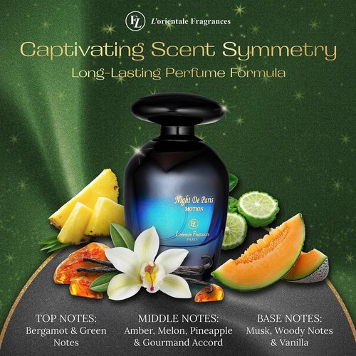 L'Orientale Fragrances Night De Paris in Motion 100ml / 3.3oz - Oil-Based Perfumes for Women & Men, Unisex Amber Vanilla Eau de Parfum w/Bergamot - Long-Lasting Up to 24 Hours, Ideal for All Seasons