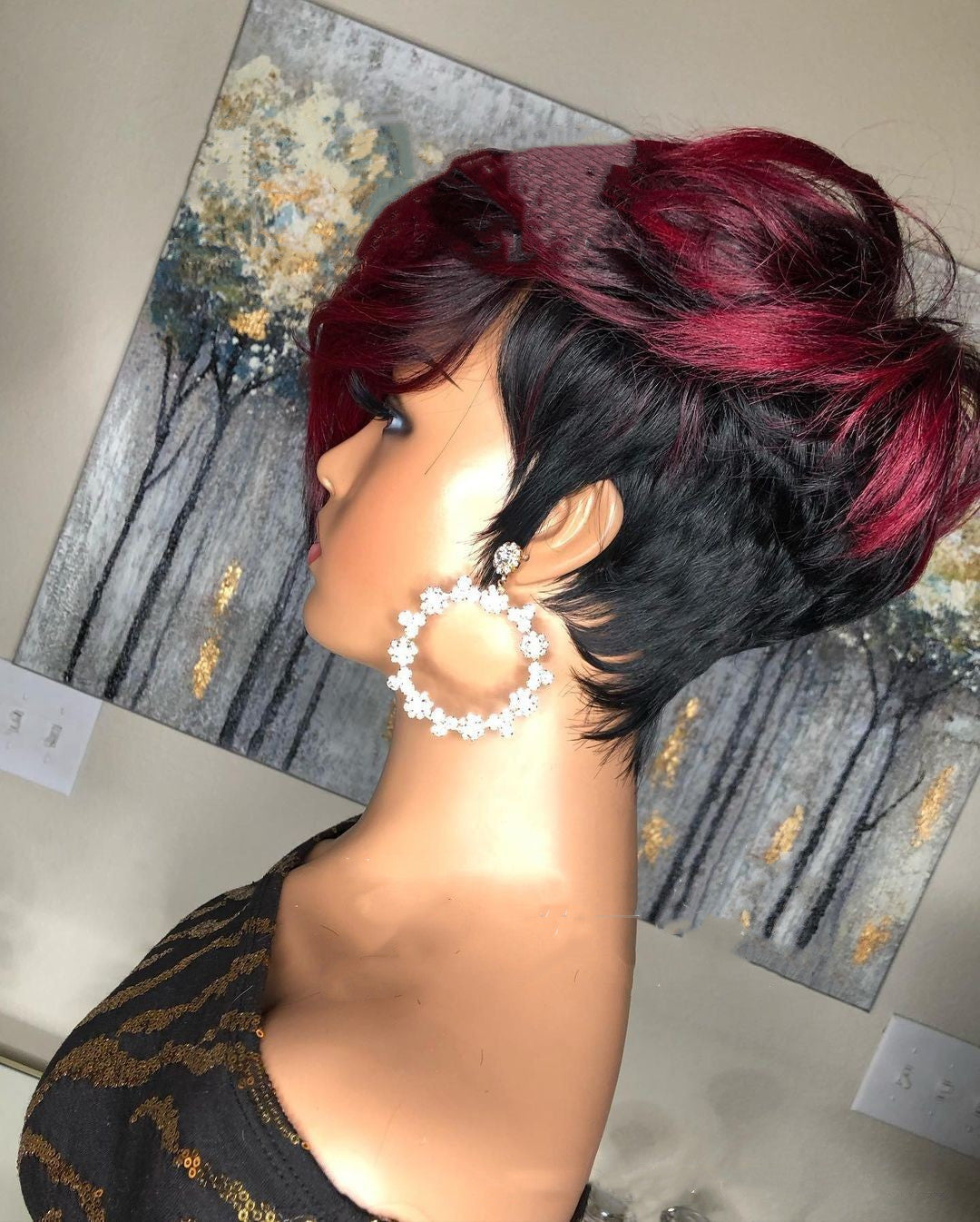 Dark Red Pixie Cut Human Hair Wig - Short Bob