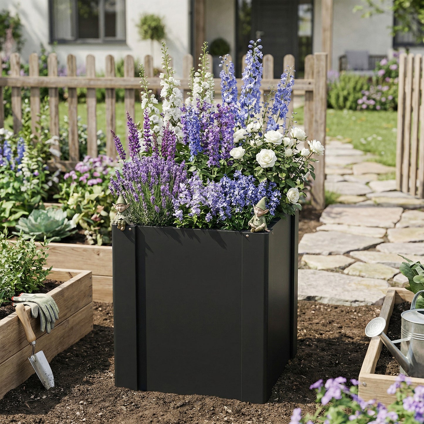 Galvanized Steel Raised Garden Bed with Gloves - Outdoor Planter Box 1.4x1.4x1.5 ft Black