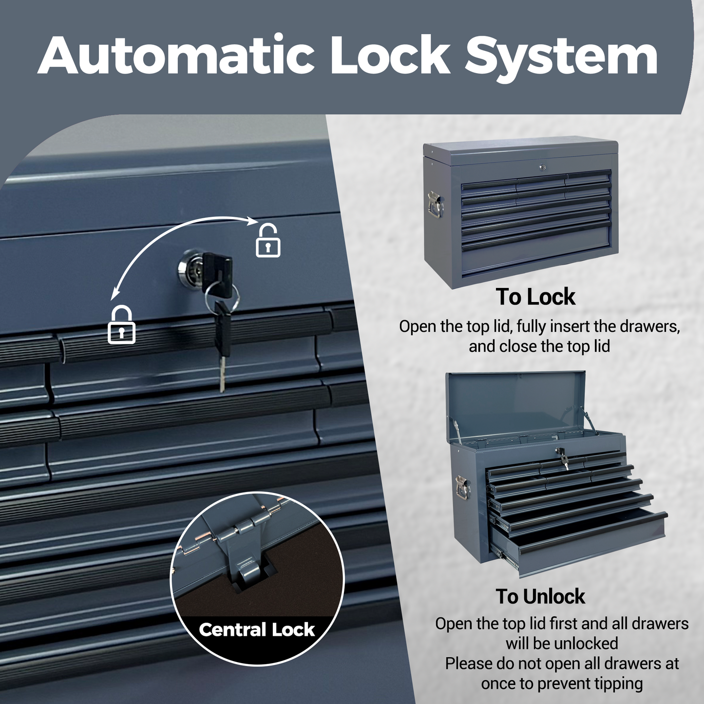 Heavy Duty Metal Tool Box 24 Inch with 9 Drawers & Locking System – Portable Steel Storage Chest