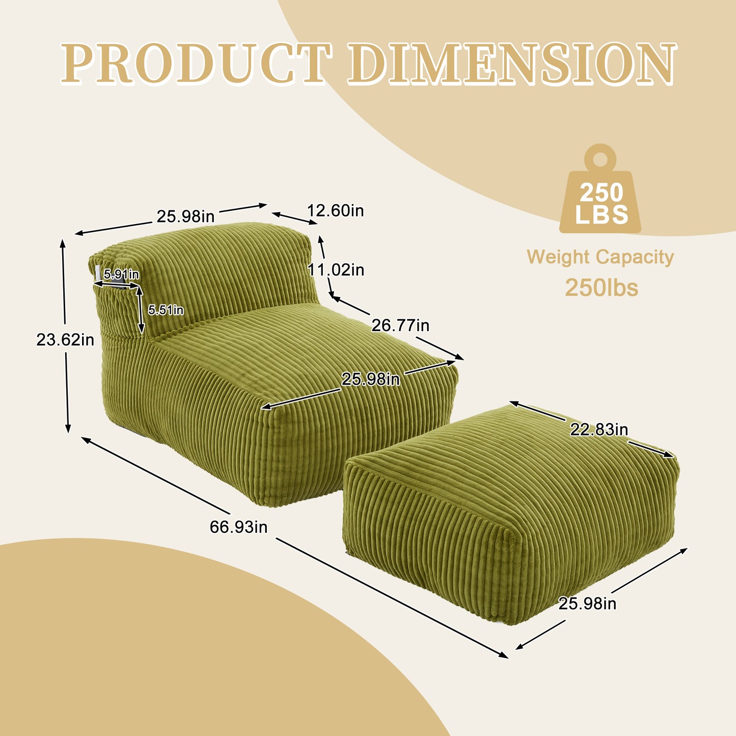 Large Memory Foam Bean Bag Chair with Ottoman - Olive