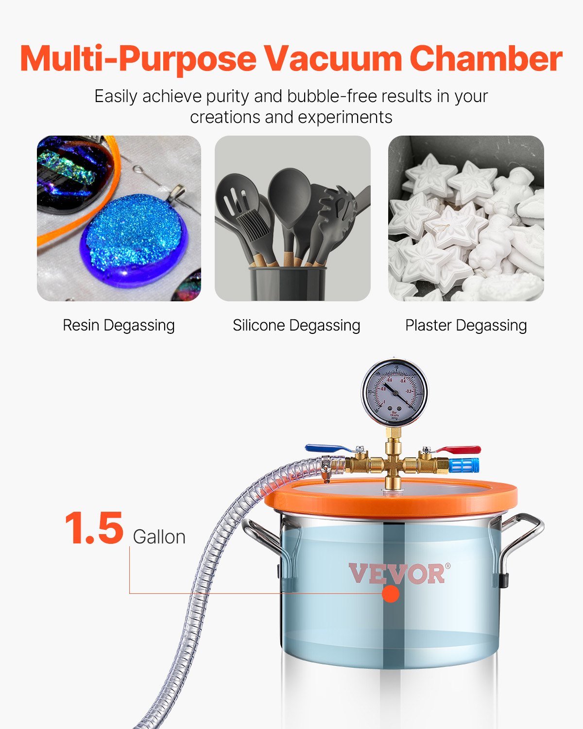 1.5 Gallon Stainless Steel Vacuum Chamber Kit with 3.5 CFM Vacuum Pump - Orange