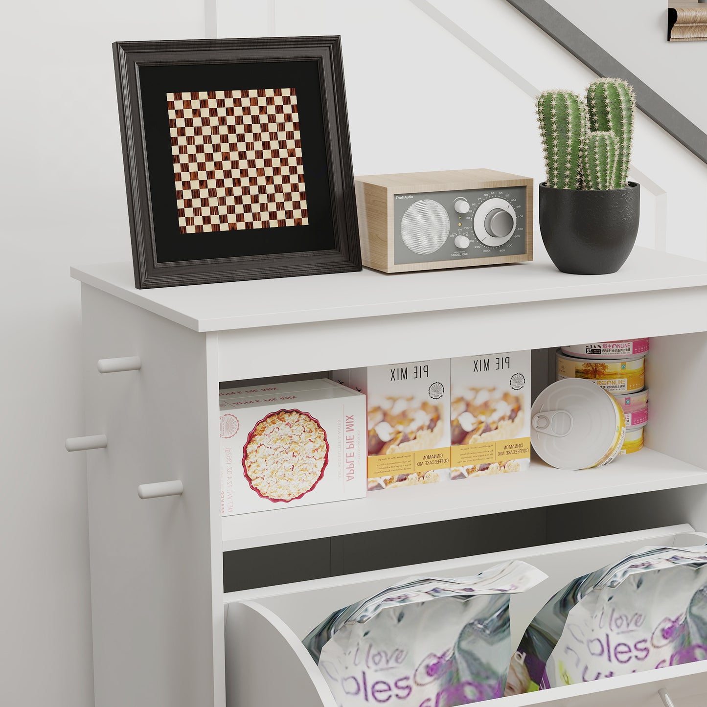 Pet Food Storage Cabinet with Raised Bowls and Storage Shelves - White