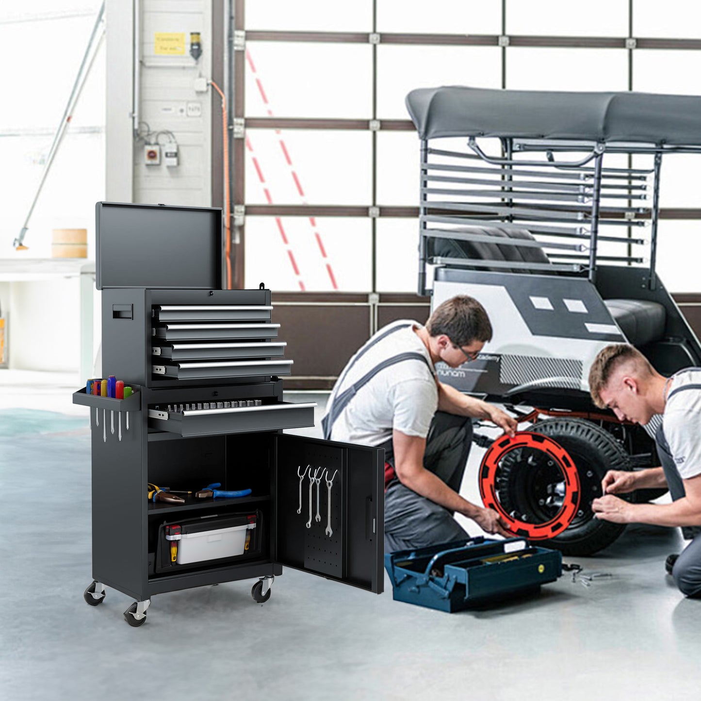 Rolling Tool Chest with 5 Drawers, Lockable Cabinets & Detachable Top - Black Steel Garage Storage
