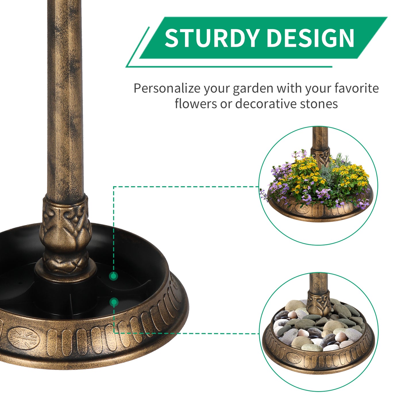 Solar Bird Bath with Bronze Finish - Outdoor Garden Decor 51x51x107cm