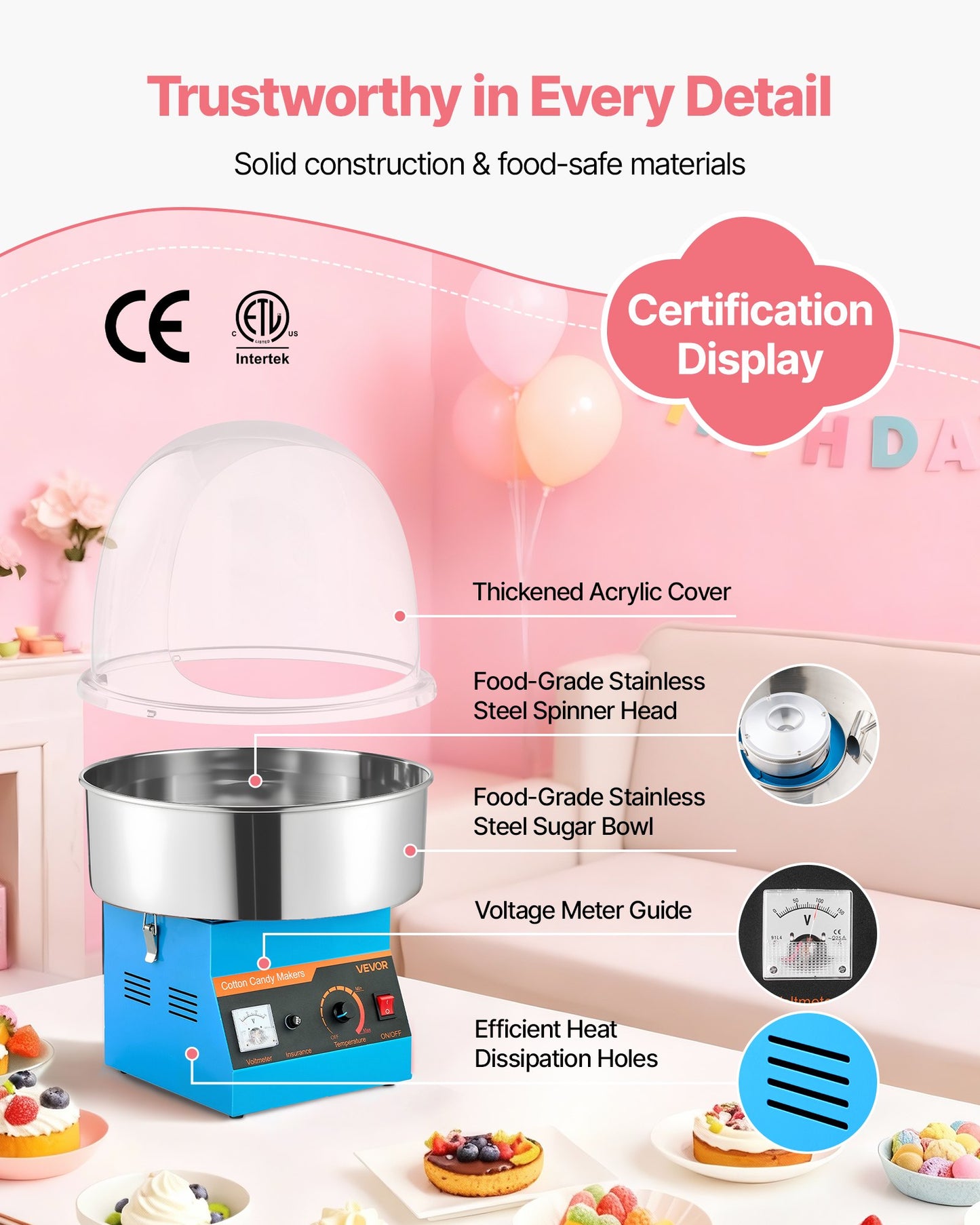 Electric Cotton Candy Machine 1000W Commercial Floss Maker with Cover & Stainless Steel Bowl