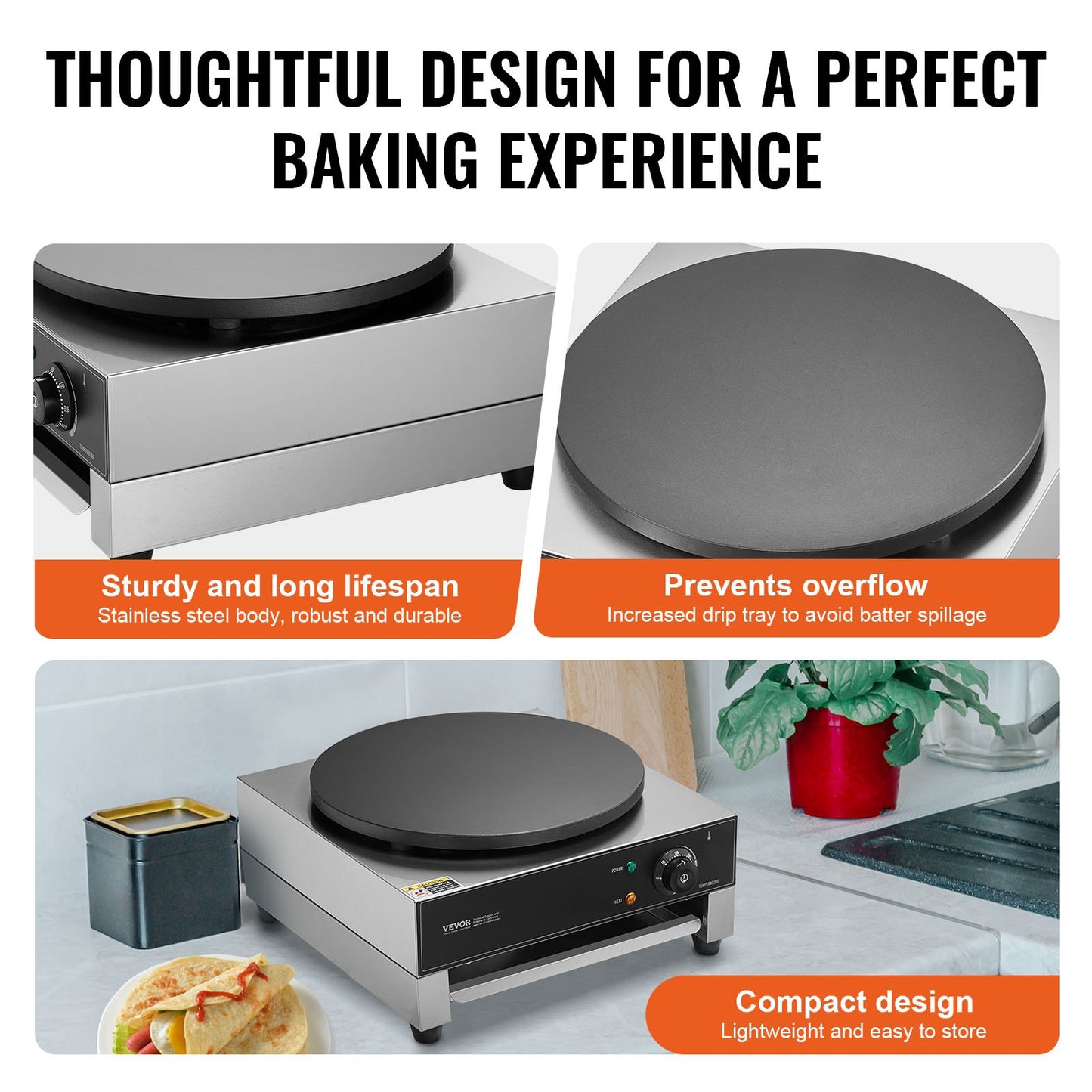 16-Inch Electric Crepe Maker Commercial Kitchen Appliance 1700W Non-Stick