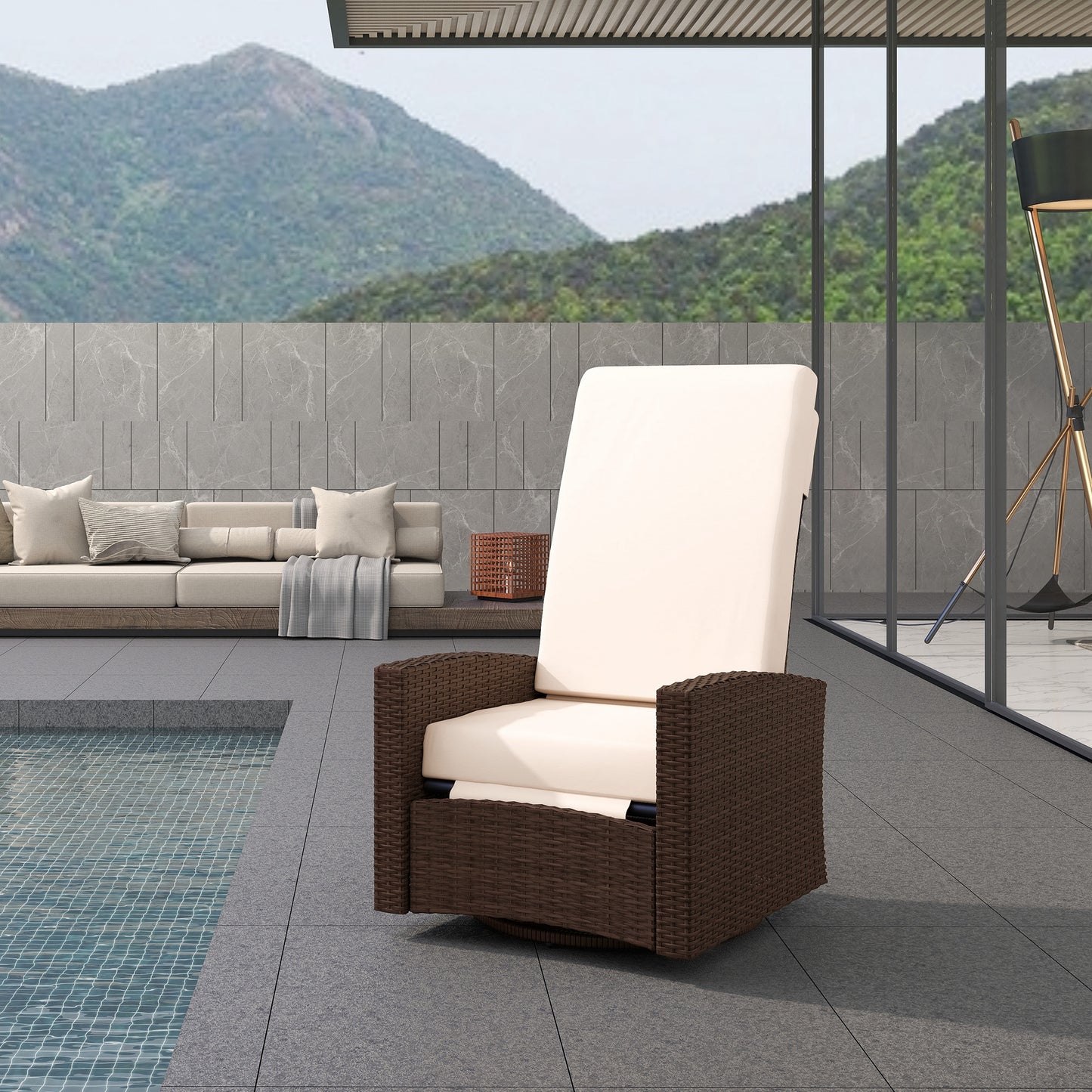 Outdoor Wicker Swivel Recliner Chair with Footrest - Cream White