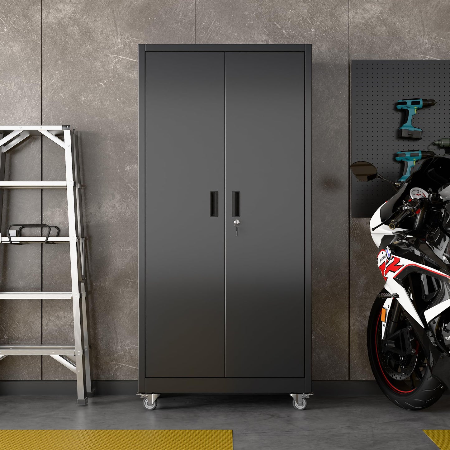 Metal Garage Storage Cabinet with Wheels - 34" W, Lockable, 5 Shelves