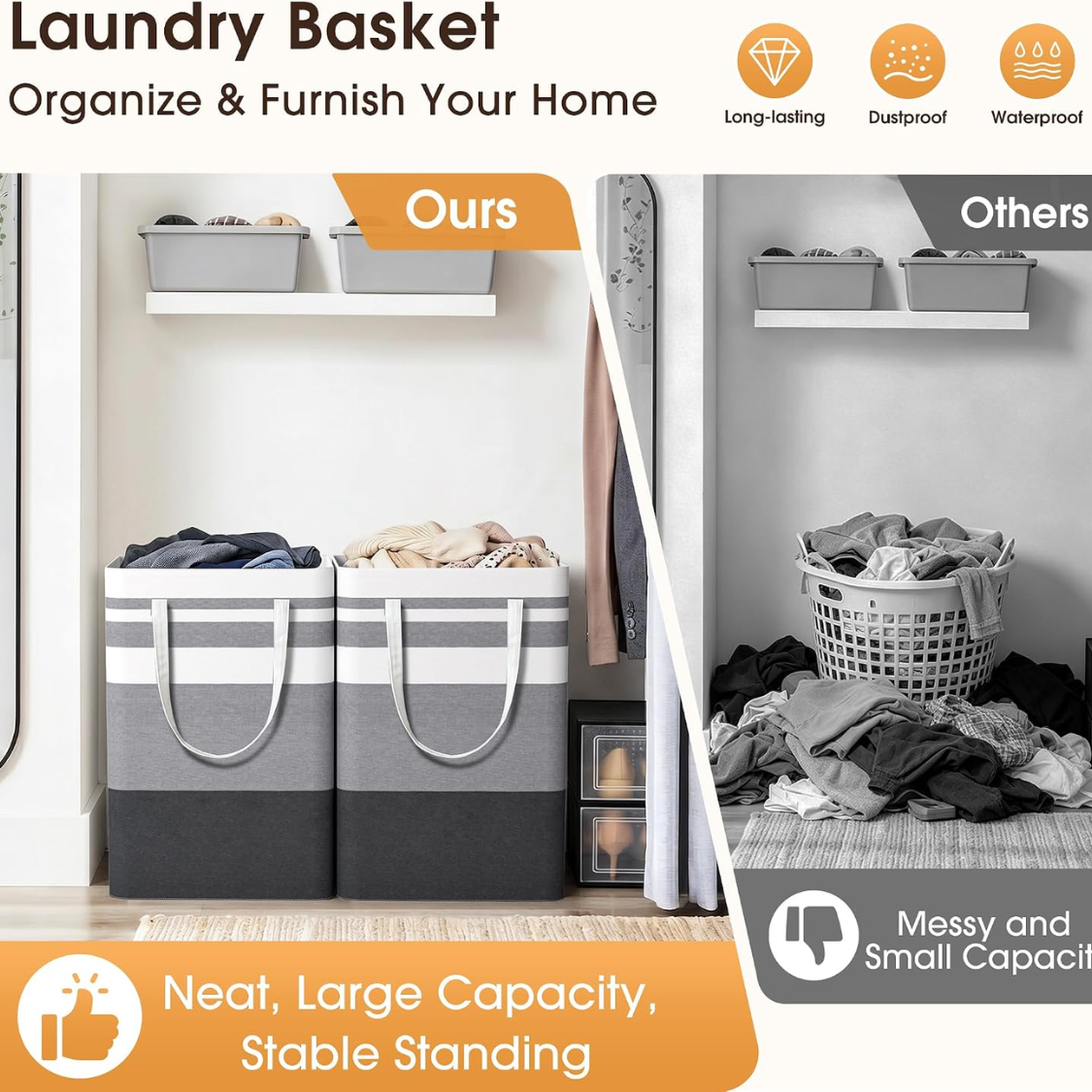 2 Pack Large Laundry Baskets, Waterproof, Freestanding Hampers,