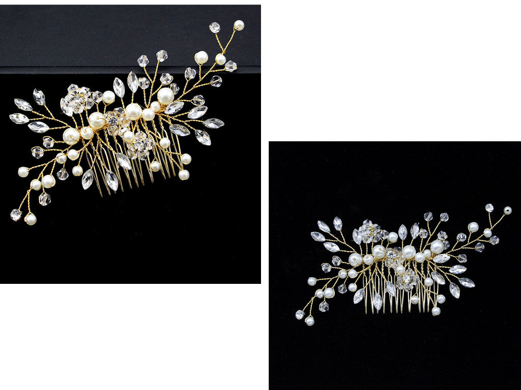 Pearl Hair Comb with Diamond Details, Handmade