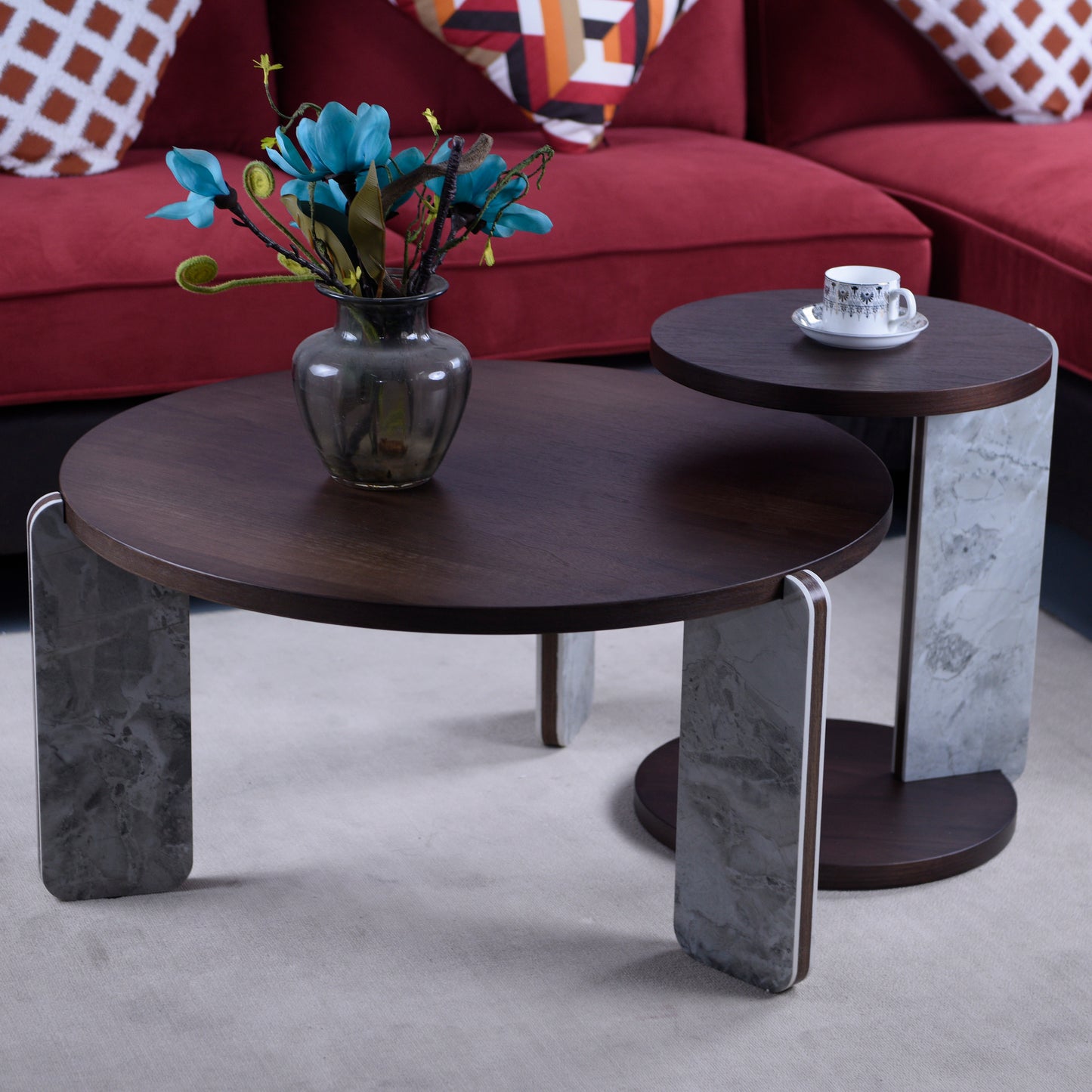 Modern Coffee Table With End Set, Durable Walnut Veneered MDF 83cm