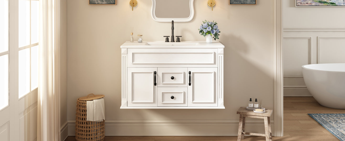 36-Inch Wall-Mounted Bathroom Vanity with Ceramic Sink - White