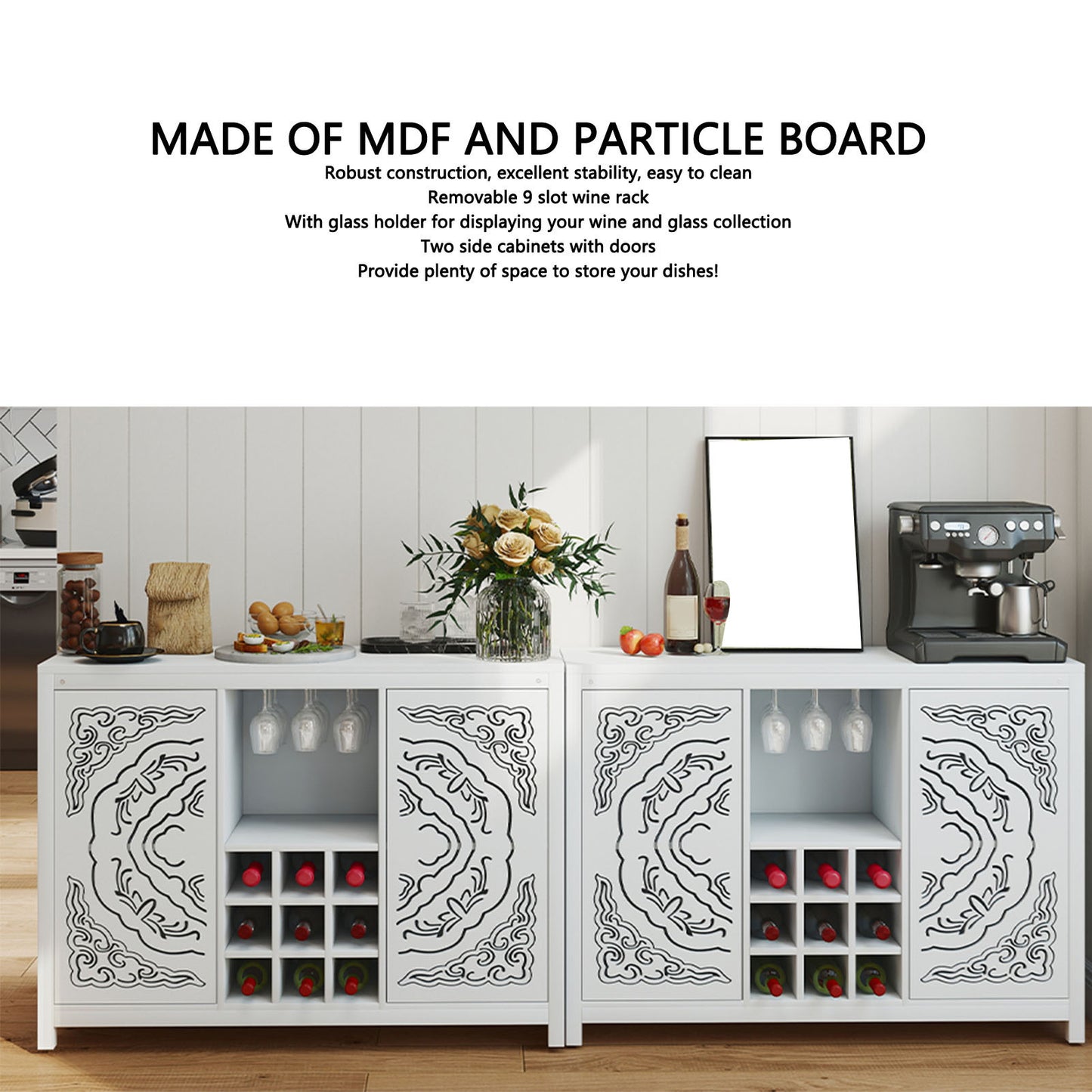 Wine Bar Cabinet With 2 Doors Buffet Storage Liquor Rack And Glass