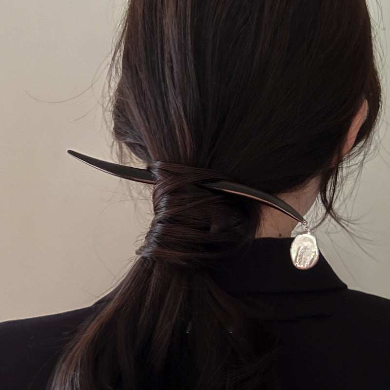 Classical Baroque Pearl Sandalwood Hairpin - Korean Style Geometric Design