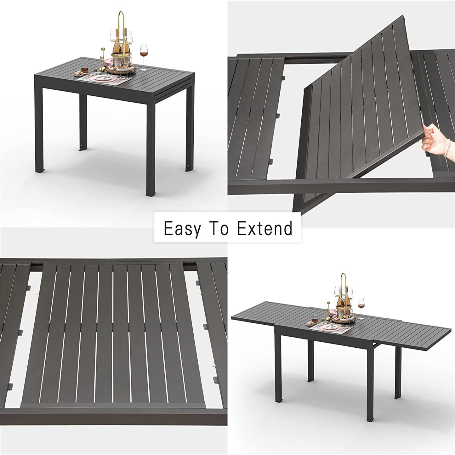 Patio Dining Expandable Table, Metal Aluminum Outdoor Table For 6-8
