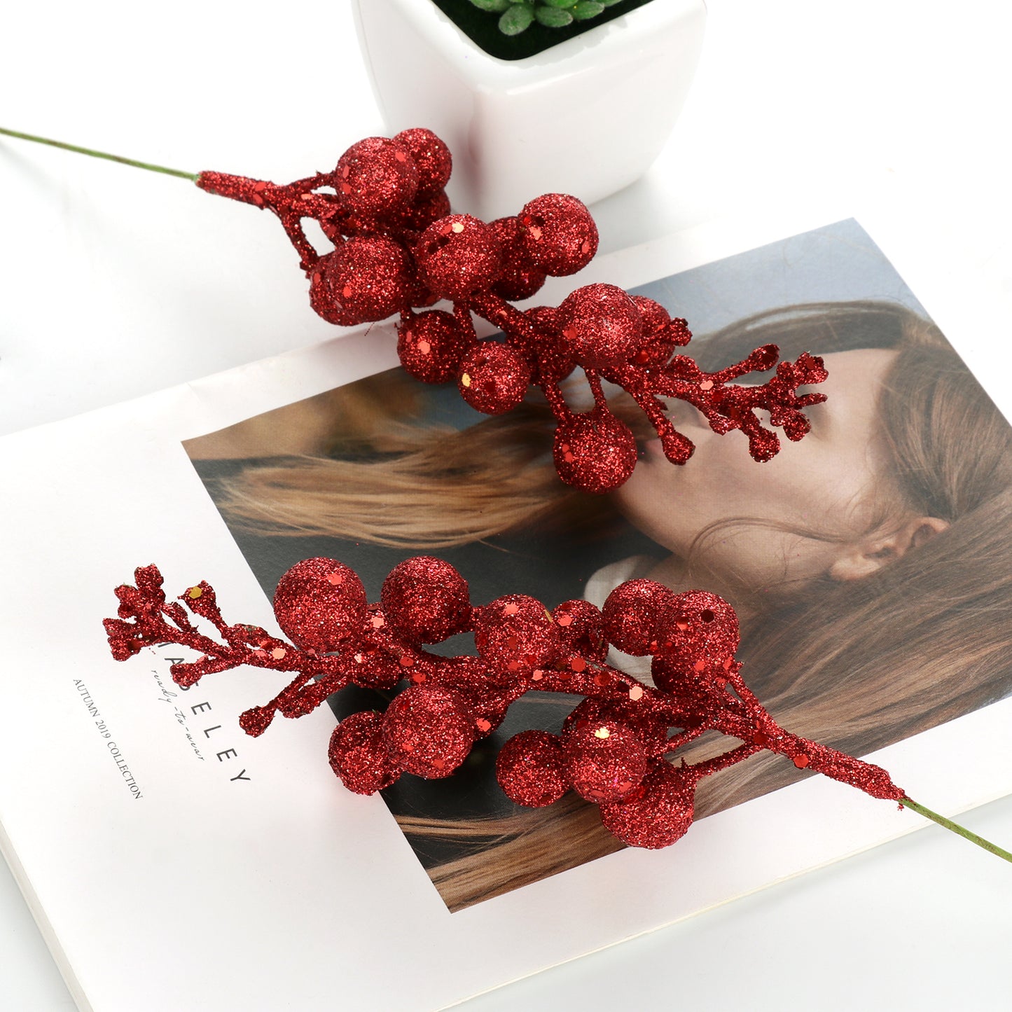 3Pcs Red Xmas Tree Decoration Berries with Shining Sequins