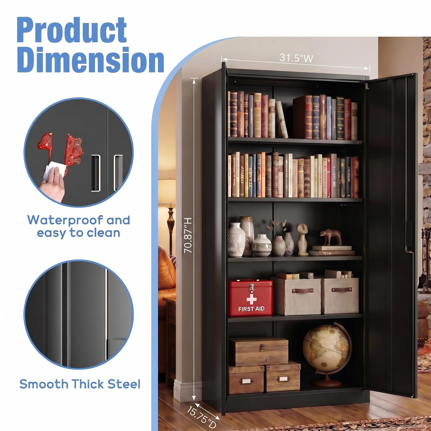 Lockable Metal Storage Cabinet with Adjustable Shelves - Black