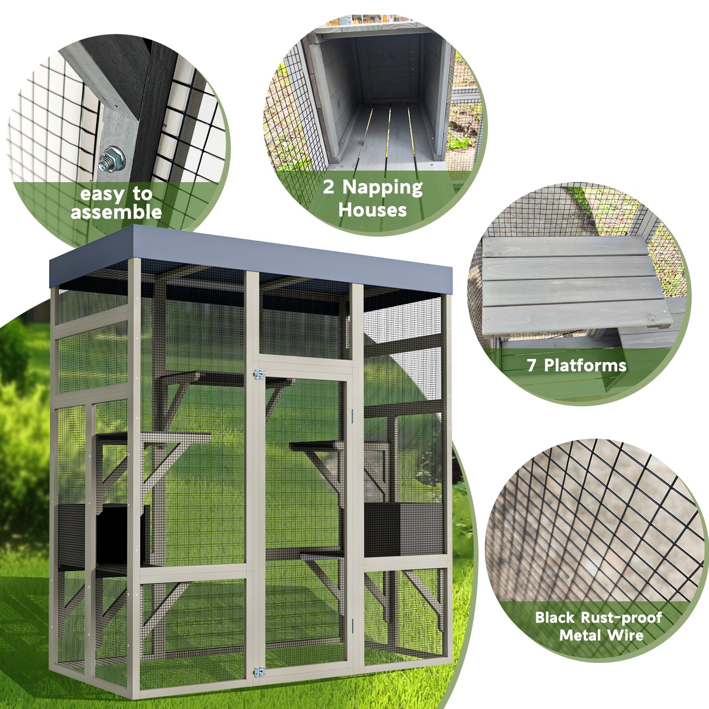 Gray Wooden Cat Enclosure with Waterproof Top, 2 Napping Boxes, Spacious & Secure