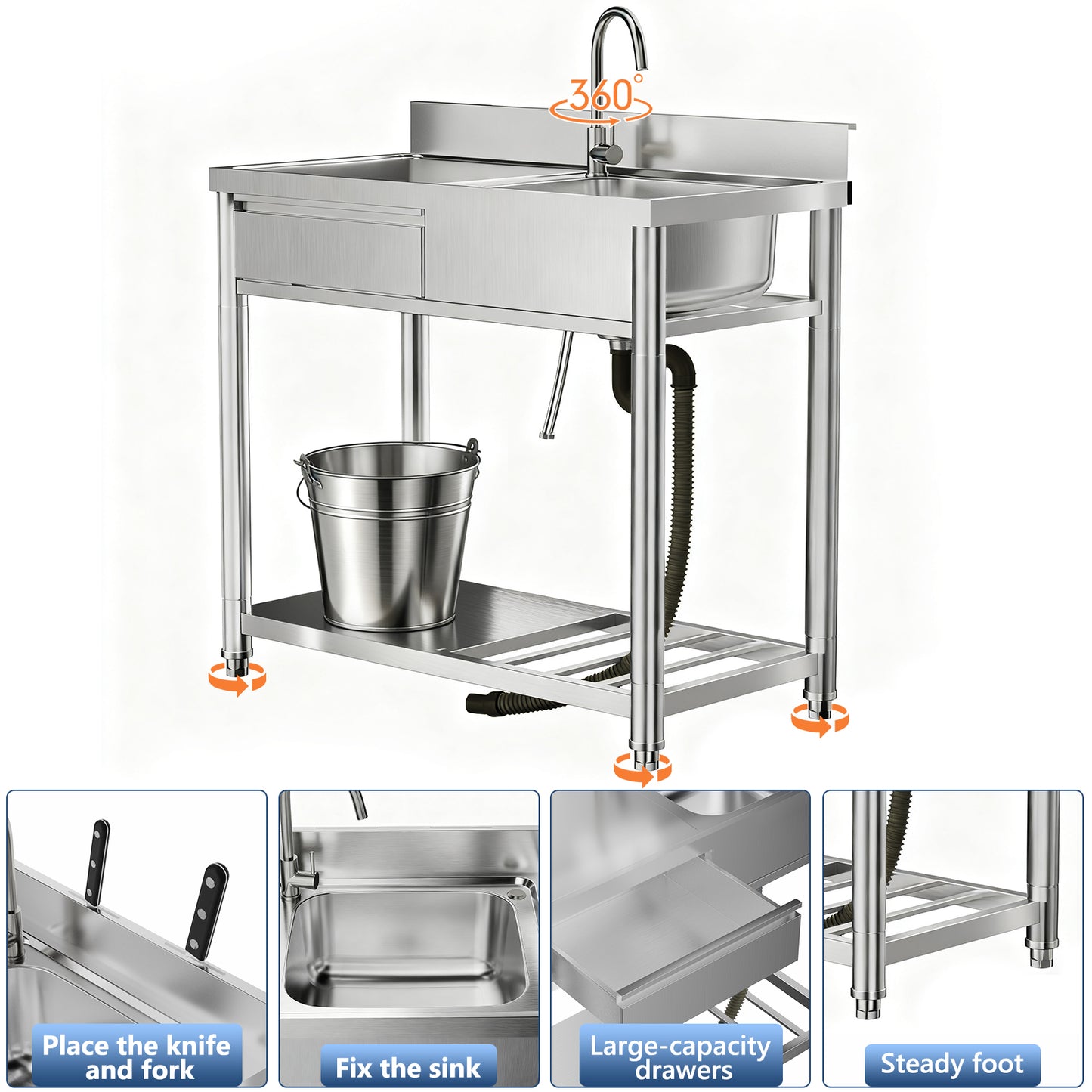 304 Stainless Steel Outdoor Utility Sink with Workbench & Shelf