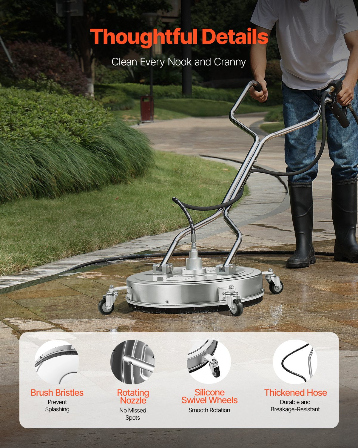 22-Inch Pressure Washer Surface Cleaner - 4500 Max PSI, Dual Wheels, Silver