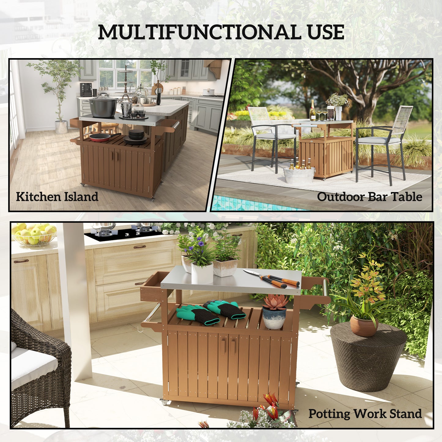 Outdoor Bar Cart with Stainless Steel Top & Storage - Brown