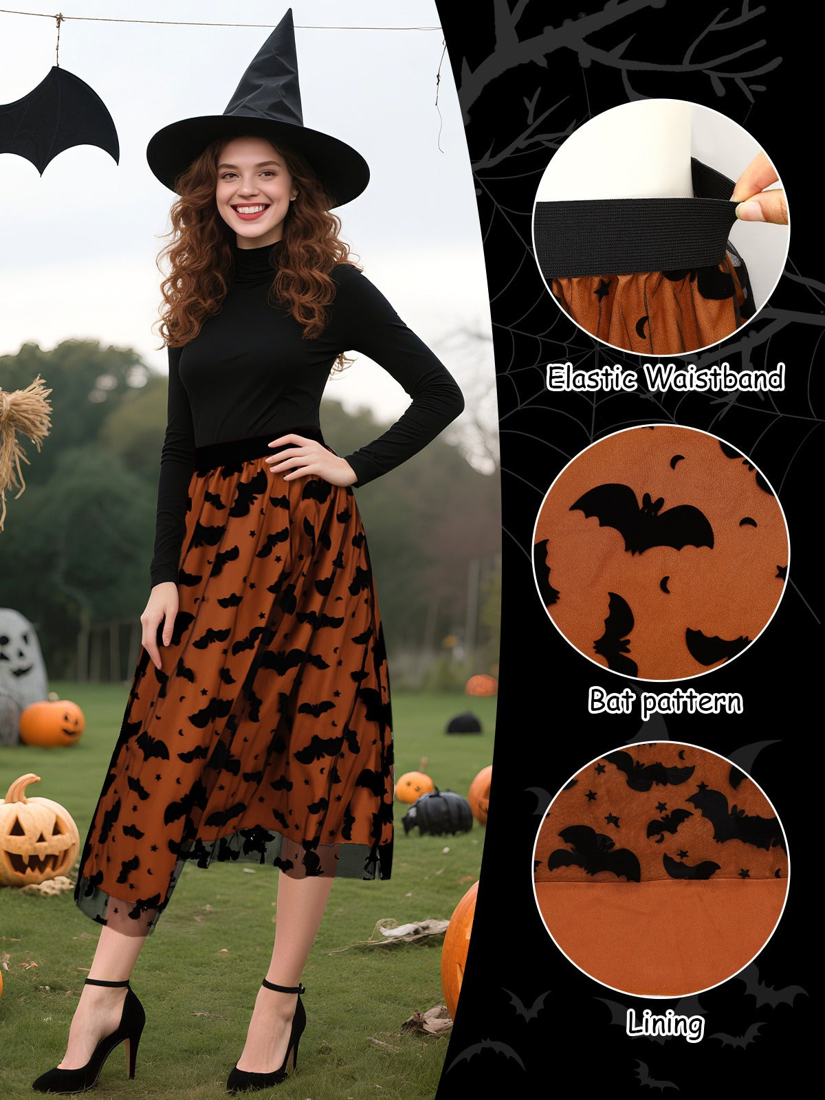 Women's Halloween Tulle Tutu Skirt - Pumpkin & Bat Design, Size L