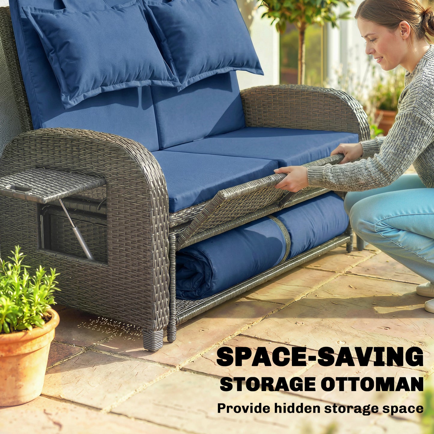 Outdoor Rattan Daybed with Storage Ottoman - Navy Blue